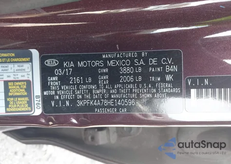 2017 Kia Forte Lx z USA, uszkodzony, nr VIN 3KPFK4A78HE140596